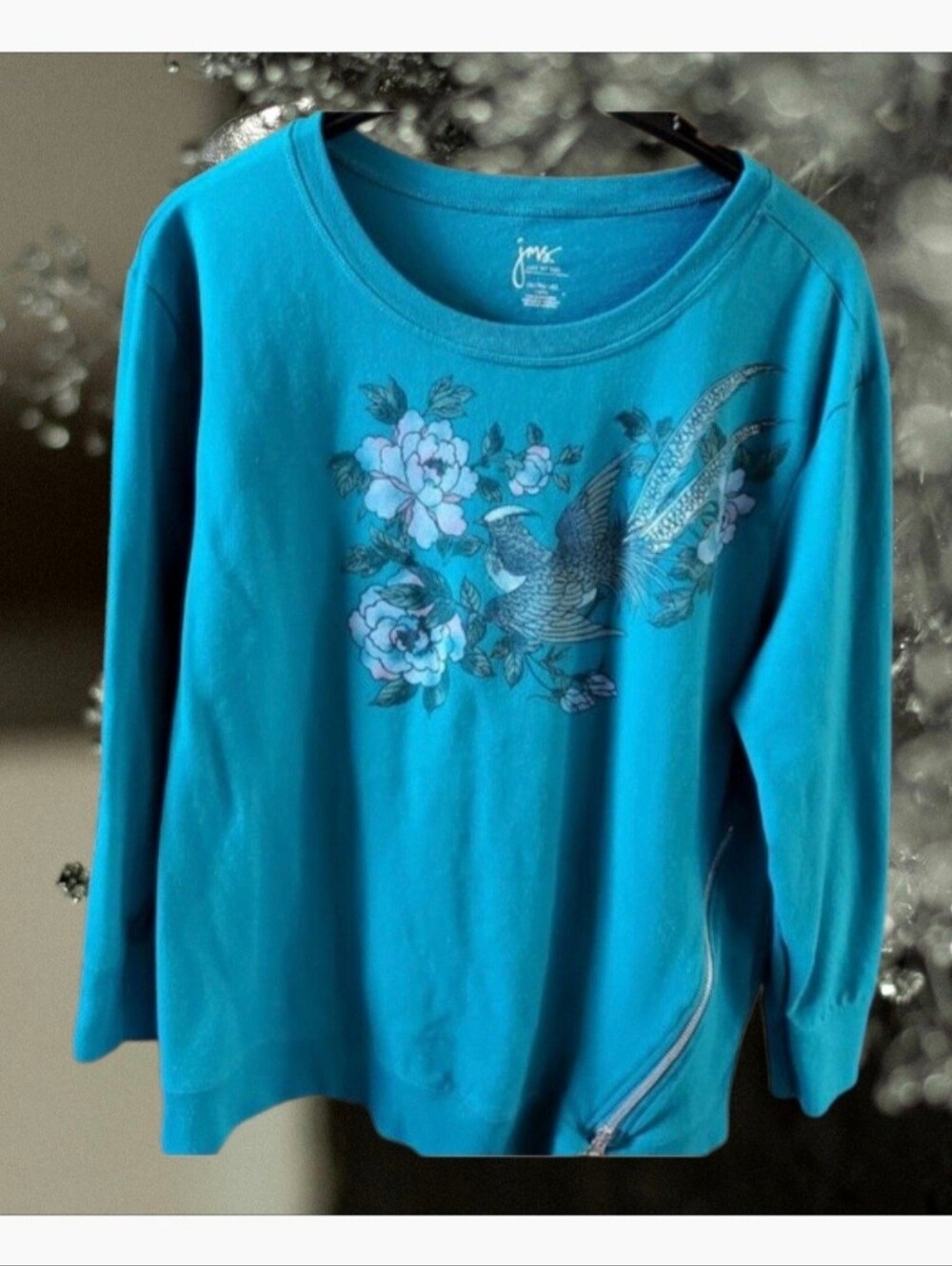 Just My Size Floral Bird Top Sweater with Zipper Accent